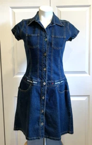 VTG Y2K 2002 Tommy Jeans Short Denim Dress Cap Sleeve Button Logo Dark Blue Sz M - Picture 1 of 9