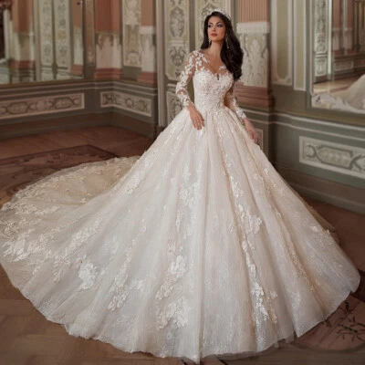 Luxury Ball Wedding Dresses Long Sleeves Lace Up Applique Princess Bride Gowns - Image 1 of 4