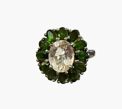 Anel Jean Dousset prata esterlina cromado diópsido branco topázio flor tamanho 5 - Imagem 1 de 4