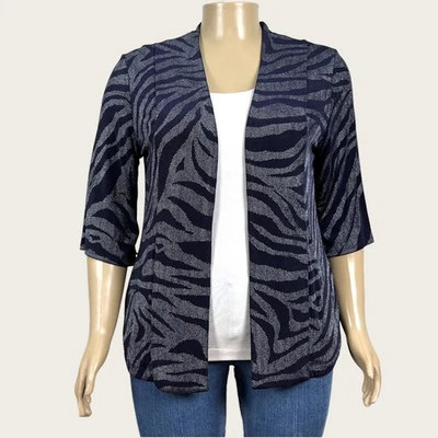 Chico's Travelers Sz 2 LARGE 12 14 Zebra Stripe Open Front Cardigan Knit Jacket - Image 1 of 4