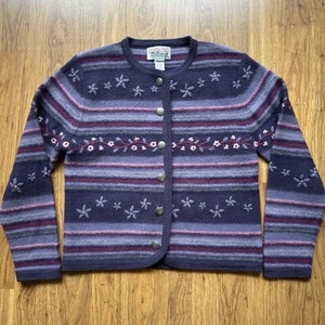 Tally Ho Sweater Womens Medium Purple Floral Wool Button Up Cardigan VTG - Picture 1 of 7