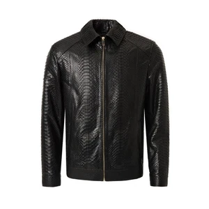 Men's Leather Jacket Black Python Pattern Embossed Real Luxury Leather Jacket - Picture 1 of 7