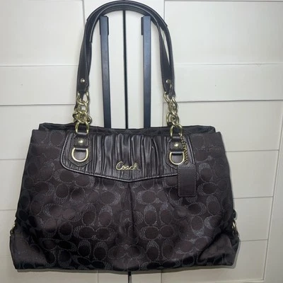 Coach Ashley Signature Brown Canvas Leather Chain Strap Satchel Shoulder Bag - Image 1 of 4