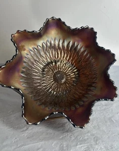 Northwood Carnival Glass Sunflower Amethyst Meander Back Spatula Foot 8” Bowl - Picture 1 of 12