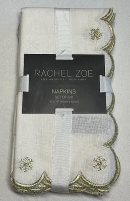 RACHEL ZOE NAPKINS (6) WHITE GOLD SCALLOP EDGE SNOWFLAKE 18 X 18 100% COTTON NIP