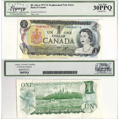 $1 1973 Bank of Canada Note *AN Replacement BC-46aA Cutting Error - Legacy VF-30 - Imagem 1 de 3