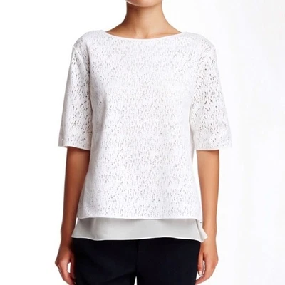 Blusa Vince blanca encaje seda superpuesta manga codo talla pequeña Foto 1 de 4