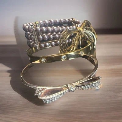 Set Of 3 Rose/Gold Tone Bracelets Monet, Kate Spade.  Bow, Rhinestone,  Bangle - Image 1 of 4