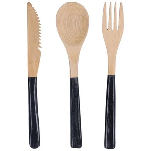 (Black)3Pcs Phoebe Wood Cutlery Set Wooden Spoons Forks With Organic - Picture 1 of 22