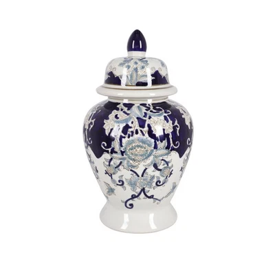 Vase Keramisch mit Blumen Blau Glasiert Im Stil Östlich Und Abdeckung - Bild 1 von 4