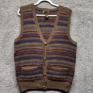 VTG Boston Traders Vest Mens XL  Aztec Cardigan Pure Wool Striped Grandpa 90s - Picture 1 of 13