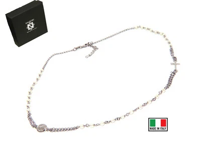 collana rosario argento 925 girocollo perle bianche Madonna Miracolosa e croce - Immagine 1 di 3