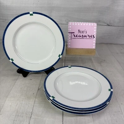Juego de 4 platos de ensalada de porcelana fina blanca bloque verde banda azul Mikasa CAYMAN L5560 Foto 1 de 4