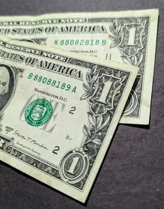 Pair (2) 2017 $1 bills fancy serial, five (5) of a kind 8s - Picture 1 of 3