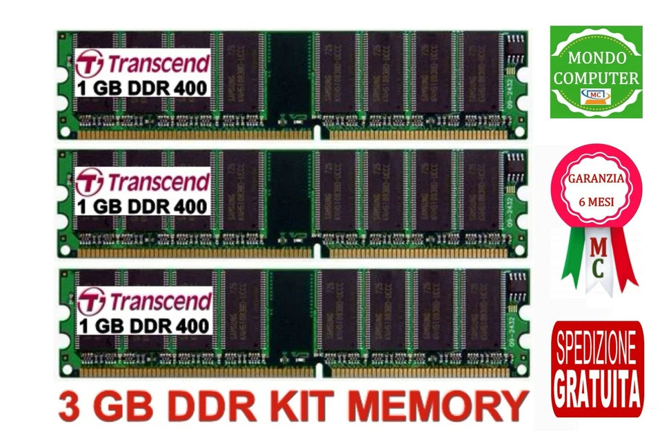 3 GB KIT MEMORIA / RAM DDR (3 X 1 GB) 400MHZ PC3200 PC FISSO CN400G1TW TRANSCEND - Immagine 1 di 1