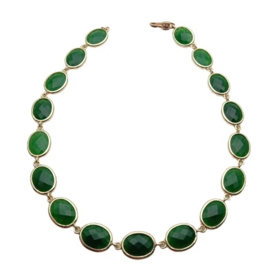 Green Jade Necklace Oval Shape Faceted Bezel Set Women Jewelry Birthday Gift - Image 1 of 4