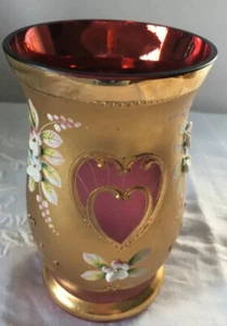 Bohemian Moser Cranberry And Gold With Applied Flower Decor Vase - Picture 1 of 11