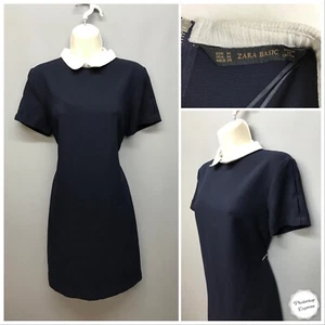 Zara Basic Navy Midi Shift Dress Medium White Collars Retro - Picture 1 of 11