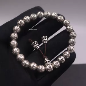 Real 999 Pure Silver Bracelet For Women Men 8mm Buddha Beaded Link 7inch /36-37g - Picture 1 of 5