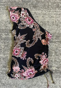 Inc Womens XS Blouse Floral Cinch Tie Black One Shoulder NWT O4 - Picture 1 of 8