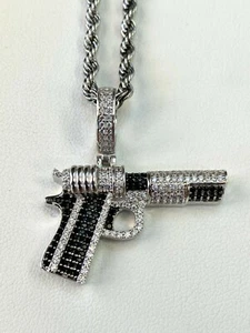 Men's Italy 925 Sterling Silver Black Hand Gun Pistol Iced icy out Pendant Chain - Picture 1 of 5