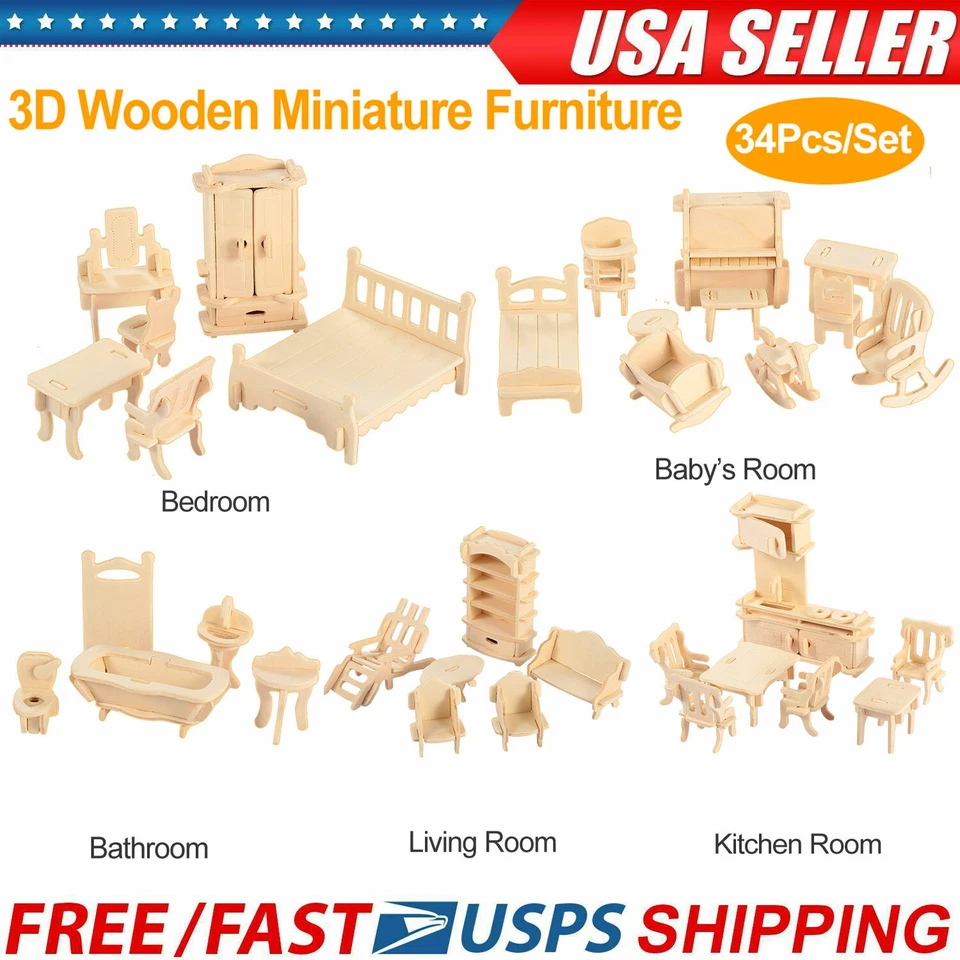 34Pcs 3D Wooden Puzzle DIY Miniature Furniture Dollhouse Building Mode Xmas Gift - Image 1 of 4