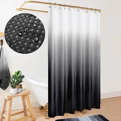  Black and White Waffle Weave Fabric Shower Curtain Set with Hooks,Waterproof  - Image 1 of 4
