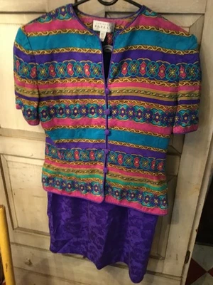 Conjunto de falda vintage Adrianna Papell para mujer talla 8 estampado rosa púrpura 100 % seda Foto 1 de 4
