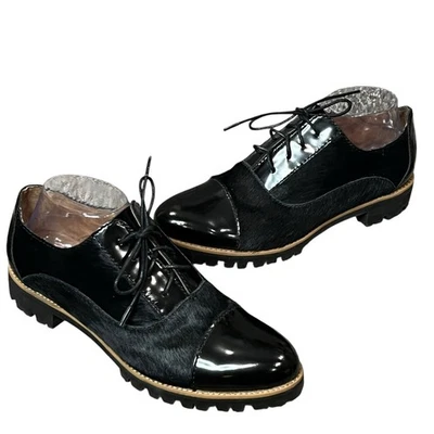 All Black Oxford Shoes Women US 9 EU 39.5 Black Calf Hair Patent Leather Cap Toe - Image 1 of 4
