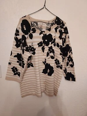 Cárdigan suéter Liz Claiborne a rayas tostadas, negro floral manga 3/4 para mujer 1X  Foto 1 de 4