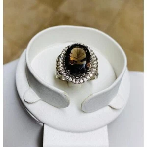 Eleganter Rauchquarz SS Ring mit weißem Zirkon Heiligenschein Statement Cocktail Design Gr. 9 - Bild 1 von 7