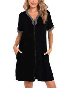 Women Zipper Front House Coat Short Sleeves Robe Zip up Bathrobes Short Night... - Picture 1 of 6