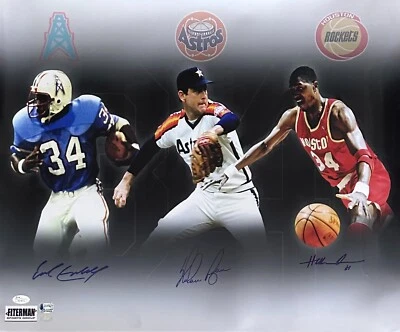 Hakeem Olajuwon Earl Campbell Nolan Ryan Signed 20x24 Photo JSA Authenticated - Image 1 of 2