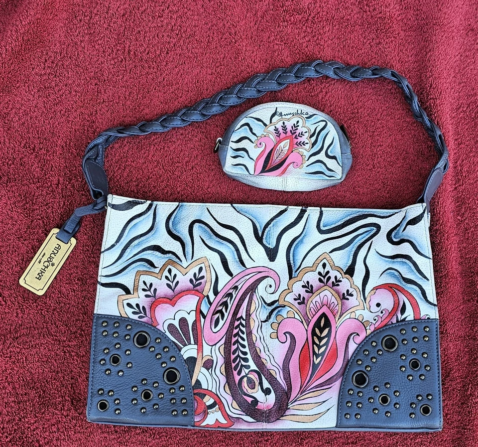 Bolsa tote de ombro Anuschka de couro pintada à mão zebra paisley + bolsa de moedas combinando - Imagem 1 de 4