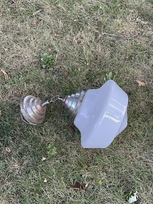 Original Antique 1930s Art Deco Chrome Pendant Light Fixture w/ Milk Glass Globe - Image 1 of 4
