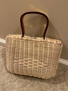 VTG MCM Woven Wicker Purse With Carmel Color Lucite Handle -Hong Kong by Donna - Picture 1 of 11