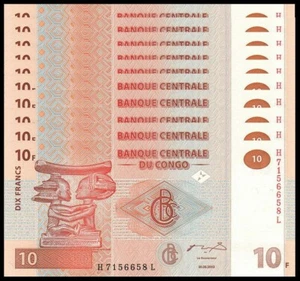CONGO 10 FRANC 2003 P 93 UNC x 10 PCS - Picture 1 of 2