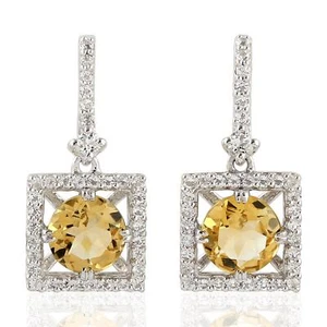 Pendientes cuadrados colgantes de plata de ley 925 con punta de topacio citrino de 1,98 quilates - Imagen 1 de 5