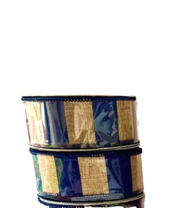 Navy Beige 1.5" x 4 yd Wire Ribbon Horizontal Wide Stripe Rustic Country Fall - Picture 1 of 2