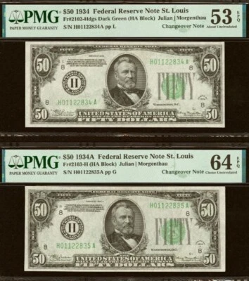 1934 1934A $50 Federal Reserve Note PMG 64EPQ changeover Fr 2103-H Fr 2102-H - Image 1 of 2