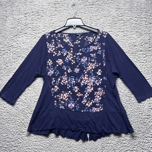 Lucky Brand Shirt Womens Large Blue Floral 3/4 Sleeve Slit Hem Round Neck Summer - Picture 1 of 7