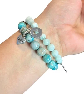 DOS (2) Pulseras con Cuentas Dijes "Mamá/Ángel" Piedra Azul Natural y Plata 925 - Imagen 1 de 16