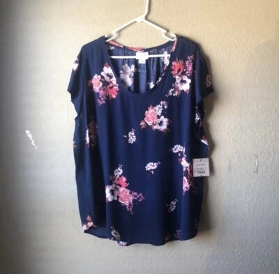 New Liz Claiborne Top Women’s Blue Floral Short Sleeve Blouse Shirt Top Sz XXL - Image 1 of 4