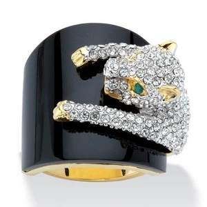 Genuine Black Onyx and Crystal Gold-Plated Leopard Cocktail Ring - Picture 1 of 6