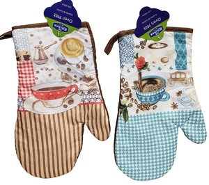 Set of 2 Different Printed Kitchen Large Oven Mitts (12") COFFEE THEME # 1,K&C - Picture 1 of 15