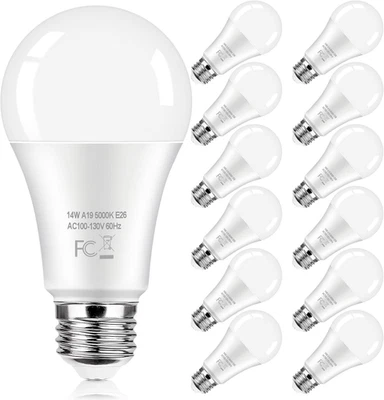 A19 LED Light Bulbs 100W Equivalent 1600LM Daylight 5000K E26 Base 14W 12 Pack - Image 1 of 4