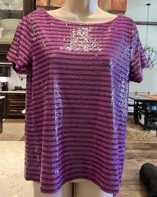 J. Crew Purple Sequin Striped Top Holiday Party Sparkle Women Size M - Image 1 of 4