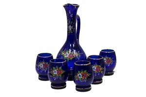 Cobalt Blue Bohemian Czech Wine Decanter & 5 Glasses Gold Gilted Floral - Picture 1 of 9