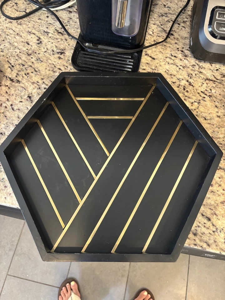 Nate Berkus  Black Wood Coffee Tray with gold  Metal Detail rare art deco tray - Image 1 of 1
