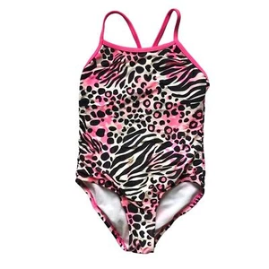 Girls 6/6X OP Black White Hot Pink Animal Print One Piece Racerback Swimsuit  - Picture 1 of 2